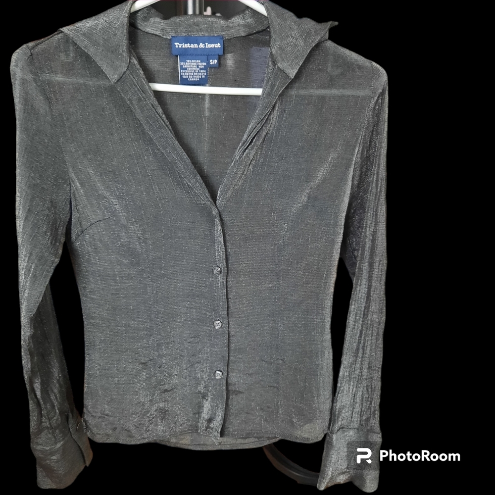 Tristan & Iseut Women's Shimmery Black Button-Front Blouse